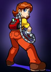 Rule 34 | 1girl, ass, blue eyes, brown hair, cosplay, earrings, flower earrings, from behind, gloves, holding, jewelry, looking to the side, luigi&#039;s mansion, mario (series), nintendo, overalls, poltergust 5000, princess daisy, rcasedrawsstuff, standing, super mario land, tomboy, vacuum cleaner