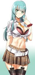 Rule 34 | 10s, 1girl, bra, breasts, cleavage, contemporary, garter straps, green eyes, green hair, highres, kantai collection, large breasts, long hair, looking at viewer, matching hair/eyes, midriff, navel, open clothes, open shirt, plaid, plaid skirt, ribbon, scrunchie, shirt, skirt, solo, suzuya (kancolle), takamura wamu, thighhighs, underwear, v, wrist scrunchie