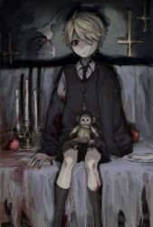 Rule 34 | 1boy, apple, bandage over one eye, black shorts, blonde hair, blood, blood on clothes, candle, child, cross, food, fruit, highres, inverted cross, jiz (pffbq), looking at viewer, magic circle, male focus, necktie, original, pale skin, parted lips, plate, shorts, sitting, socks, solo, stuffed monkey, vest