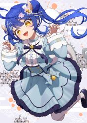 Rule 34 | 1girl, absurdres, ahoge, amamiya kokoro, amamiya kokoro (1st costume), black footwear, blue corset, blue dress, blue hair, blue jacket, blush, brown horns, corset, cropped jacket, dress, hair ornament, highres, horns, jacket, juliet sleeves, long hair, long sleeves, lunch boxer, nijisanji, open clothes, open jacket, open mouth, pantyhose, puffy sleeves, smile, solo, twintails, virtual youtuber, white pantyhose, x hair ornament, yellow eyes