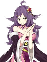 Rule 34 | 1girl, ahoge, animal ears, azur lane, bare shoulders, breasts, cleavage, commentary request, flower, hair flower, hair ornament, houshou (azur lane), japanese clothes, kimono, large breasts, long hair, looking at viewer, mole, mole under eye, off shoulder, purple hair, red eyes, smile, solo, to~fuya