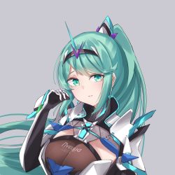 Rule 34 | 1girl, breasts, chest jewel, earrings, gloves, green eyes, green hair, grey background, highres, jewelry, large breasts, long hair, looking at viewer, pneuma (xenoblade), ponytail, sarasadou dan, solo, spoilers, swept bangs, tiara, upper body, very long hair, xenoblade chronicles (series), xenoblade chronicles 2