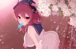 1girl, absurdres, ass, bare shoulders, bent over, blurry, blurry background, breasts, flower, food, goat-chan (enarane), goat girl, goat horns, hair between eyes, hat, highres, horns, ia (ias1010), large breasts, looking at viewer, mouth hold, original, popsicle, red eyes, red hair, sailor collar, shirt, skirt, solo, white shirt, white skirt