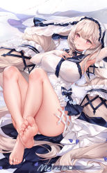 Rule 34 | 1girl, absurdres, armpits, ass, azur lane, bare legs, breasts, choker, covered erect nipples, detached sleeves, dress, feet, formidable (azur lane), formidable (timeless classics) (azur lane), hand on own chest, highres, large breasts, legs up, long hair, long sleeves, looking at viewer, lying, melailai, official alternate costume, on back, panties, parted lips, sailor collar, see-through, sleeveless, sleeveless dress, solo, thighs, toes, twintails, underwear, veil, very long hair, white dress, white hair, white panties