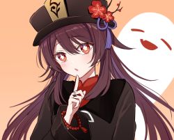 Rule 34 | 1girl, bead bracelet, beads, black hat, blush, bracelet, brown hair, chiroron, closed eyes, fang, finger to mouth, flower, flower-shaped pupils, genshin impact, ghost, hat, hat flower, highres, hu tao (genshin impact), jewelry, long hair, long sleeves, looking at viewer, open mouth, red eyes, red flower, ring, simple background, skin fang, smile, solo, symbol-shaped pupils, tassel, twintails, very long hair