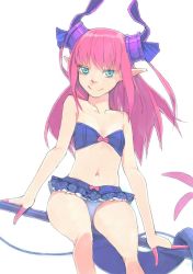 Rule 34 | 1girl, akinbo (hyouka fuyou), bikini, bikini skirt, blue bikini, blue eyes, breasts, cleavage, collarbone, elizabeth bathory (fate), elizabeth bathory (fate/extra ccc), fate/grand order, fate (series), floating hair, highres, horns, long hair, looking at viewer, navel, pink hair, pointy ears, simple background, sitting, small breasts, smile, solo, strapless, strapless bikini, swimsuit, white background