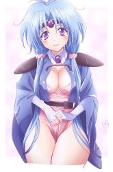 Rule 34 | 1girl, ahoge, armor, blue hair, blush, breasts, circlet, cleavage, closed mouth, fingerless gloves, gloves, haou taikei ryuu knight, highres, large breasts, long hair, looking at viewer, low twintails, nori (norimakigumo), paffy pafuricia, purple eyes, shoulder armor, smile, solo, twintails, very long hair