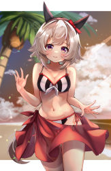 Rule 34 | 1girl, animal ears, bare arms, bare shoulders, bikini, blush, bow, cloud, coconut, coconut tree, commentary request, cowboy shot, curren chan (umamusume), front-tie bikini top, front-tie top, hair bow, highres, horse ears, lens flare, looking at viewer, meyamu, navel, outdoors, palm tree, red bow, sarong, short hair, side-tie bikini bottom, silver hair, smile, solo, standing, stomach, striped bikini, striped clothes, swimsuit, thighs, tree, umamusume, vertical-striped bikini, vertical-striped clothes
