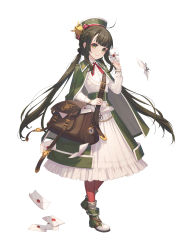Rule 34 | 1girl, ahoge, braid, brown pantyhose, check copyright, coat, commentary, copyright request, dress, frills, full body, green bag, green coat, green dress, green footwear, green headwear, hair ornament, highres, letter, long hair, long sleeves, looking at viewer, original, pantyhose, ribbon, rwael, shoes, simple background, smile, solo, symbol-only commentary, twintails, white background, white dress