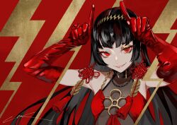 Rule 34 | 1girl, belt collar, black choker, black hair, chain, choker, commentary request, earrings, elbow gloves, fishnets, gloves, headband, horns pose, jewelry, lam (ramdayo), looking at viewer, original, parted lips, red eyes, smile, solo, upper body