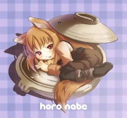Rule 34 | 00s, 1girl, animal ears, binzoko megane (san-inch), brown hair, food, holo, in food, long hair, lowres, lying, mini person, minigirl, nabe, red eyes, solo, spice and wolf, tail, wolf ears, wolf tail, yumeno mikan