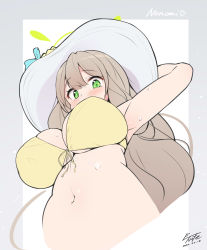 Rule 34 | arm behind head, armpits, artist name, bikini, blue archive, breasts, character name, commentary request, dated, e-note, from below, green eyes, hat, highres, large breasts, looking at viewer, navel, nonomi (blue archive), nonomi (swimsuit) (blue archive), stomach, sweat, swimsuit, upper body, white hat, yellow bikini