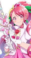 Rule 34 | 1girl, blush, choker, closed mouth, commentary request, cure grace, earrings, female focus, gloves, hanadera nodoka, healin&#039; good precure, heart, highres, jewelry, konboi-eg, long hair, looking at viewer, magical girl, matching hair/eyes, pink choker, pink eyes, pink hair, precure, rabirin (precure), simple background, smile, tiara, white background, white gloves