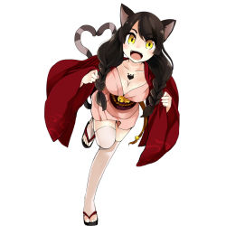 Rule 34 | 1girl, animal ears, bell, braid, breasts, cat ears, cat tail, cleavage, full body, highres, japanese clothes, jingle bell, long hair, long sleeves, looking at viewer, multiple tails, nekomata (youkai hyakki-tan!), obi, official art, open mouth, sandals, sash, simple background, smile, solo, tail, tattoo, thighhighs, toeless legwear, toes, twin braids, white background, yellow eyes, youkai hyakki-tan!