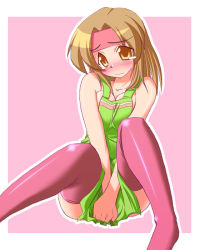 Rule 34 | 00s, 1girl, apron, blush, breasts, brown eyes, brown hair, cleavage, covering crotch, covering privates, hirorin, looking at viewer, momose kurumi, naked apron, nekono matatabi, outline, outside border, pani poni dash!, pink background, pink thighhighs, solo, tears, thighhighs