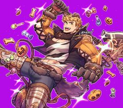 Rule 34 | 1boy, abs, animal ears, animal hands, bara, belt, black pants, black tank top, blonde hair, brown belt, candy, cookie, cropped jacket, food, fur collar, gloves, granblue fantasy, green eyes, halberd, highres, holding, holding polearm, holding weapon, jacket, knee pads, large pectorals, looking at viewer, male focus, muscular, muscular male, official alternate costume, oneirio, open clothes, open jacket, open mouth, orange jacket, pants, paw gloves, pectorals, polearm, shirt, short hair, smile, solo, tail, tank top, torn clothes, torn shirt, twitter username, undercut, vane (granblue fantasy), weapon, white shirt, wolf boy, wolf ears, wolf tail