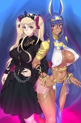 Rule 34 | 2girls, :d, absurdres, alternate breast size, animal ears, black dress, blonde hair, bracelet, breasts, chain, covered erect nipples, dark-skinned female, dark skin, dress, earrings, egyptian, egyptian clothes, ereshkigal (fate), ereshkigal (third ascension) (fate), eye contact, facepaint, facial mark, fate/grand order, fate (series), hairband, highres, hoop earrings, jackal ears, jewelry, large breasts, long hair, long sleeves, looking at another, low-tied long hair, midriff, mizuumi (bb), multiple girls, nitocris (fate), open mouth, puffy nipples, purple eyes, purple hair, red eyes, red ribbon, ribbon, simple background, skull, smile, very long hair