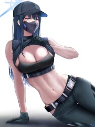 Rule 34 | 1girl, arm support, bare arms, baseball cap, belt, black belt, black bra, black gloves, black hat, black mask, black pants, blue archive, blue hair, blunt bangs, bra, breasts, clothes lift, crop top, gloves, grey eyes, halo, hat, highres, large breasts, long hair, lying, mask, midriff, mouth mask, navel, on side, pants, saori (blue archive), shirt lift, solo, stomach, straight hair, tsukumo momo, underwear