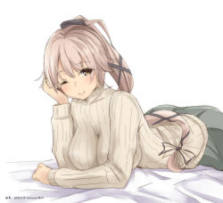 Rule 34 | 1girl, alternate breast size, black skirt, blush, breasts, commentary request, grey eyes, grey sweater, hair flaps, hair ribbon, head tilt, highres, kantai collection, large breasts, long hair, looking at viewer, lying, official alternate costume, on stomach, one eye closed, pink hair, ponytail, ribbed sweater, ribbon, skirt, solo, sweater, timato, turtleneck, turtleneck sweater, very long hair, yura (kancolle)