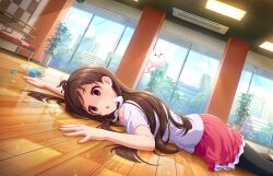 Rule 34 | 1girl, :o, air conditioner, antenna hair, black leggings, blue sky, bottle, brown hair, building, clothing cutout, dutch angle, empty eyes, exhausted, feet out of frame, fluorescent lamp, game cg, giving up the ghost, hair ornament, hairpin, hitodama, idolmaster, idolmaster cinderella girls, idolmaster cinderella girls starlight stage, indoors, lamp, leggings, leggings under shorts, light rays, long hair, looking afar, lying, official art, on floor, on stomach, open mouth, plant, potted plant, red skirt, ringorou (idolmaster), shaded face, shorts, shoulder cutout, skirt, sky, solo, sunlight, tree, tsujino akari, very long hair, water bottle, wooden floor