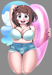 Rule 34 | 1girl, armpits, arms behind head, bare arms, bare shoulders, bikini, bikini top only, blush stickers, boku no hero academia, border, breasts, brown eyes, brown hair, cleavage, collarbone, cowboy shot, curvy, grey background, hakkasame, highres, innertube, large breasts, looking at viewer, matching hair/eyes, medium breasts, open mouth, shorts, smile, solo, swim ring, swimsuit, teeth, thick thighs, thighs, tongue, upper teeth only, uraraka ochako, wet