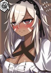Rule 34 | 1girl, absurdres, alternate costume, alternate eye color, alternate hairstyle, azur lane, black hairband, blush, breasts, bright pupils, brown eyes, center frills, cleavage, closed mouth, commentary request, crossed bangs, dark-skinned female, dark skin, embarrassed, enmaided, facepaint, frilled sleeves, frills, grey hair, hair between eyes, hairband, highres, large breasts, long hair, looking at viewer, maid, minneapolis (azur lane), nose blush, portrait, puffy short sleeves, puffy sleeves, shirt, short sleeves, siota1998, solo, spoken squiggle, squiggle, sweat, very long hair, wavy mouth, white pupils, white shirt
