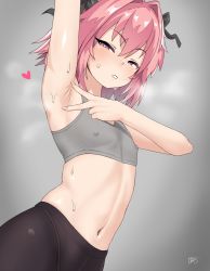Rule 34 | 1boy, armpits, arms up, artist request, astolfo (fate), bare stomach, braid, daroon5, dutch angle, fate/apocrypha, fate (series), gym shirt, heart, heart-shaped pupils, highres, midriff, pantyhose, pink hair, shirt, spread armpit, standing, sweat, symbol-shaped pupils, trap