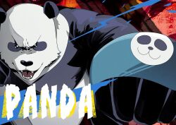 Rule 34 | animal, character name, clenched hand, fighting stance, hands up, highres, jujutsu kaisen, looking at viewer, no humans, open mouth, panda, panda (jujutsu kaisen), red background, s o i, solo