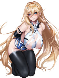 Rule 34 | 1girl, armband, bad id, bad pixiv id, bianka durandal ataegina, bianka durandal ataegina (bright knight: excelsis), blonde hair, blue eyes, blush, breasts, character request, cleavage, clenched teeth, hair ornament, hanging breasts, highres, honkai (series), honkai impact 3rd, kibellin, leaning forward, long hair, nipples, simple background, solo, teeth, thighhighs, torn clothes, white background