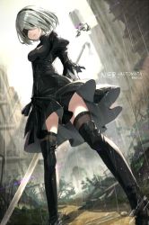 Rule 34 | 1girl, bad id, bad pixiv id, black dress, black hairband, black thighhighs, blindfold, blurry, boots, cleavage cutout, clothing cutout, covered eyes, depth of field, dress, dutch angle, hairband, high heel boots, high heels, highleg, highleg leotard, holding, holding sword, holding weapon, juliet sleeves, leotard, long sleeves, mole, mole under mouth, nier (series), nier:automata, parted lips, puffy sleeves, rainbow, ribbed dress, rin yuu, silver hair, solo, standing, sword, thigh boots, thighhighs, thighhighs under boots, vambraces, weapon, white leotard, 2b (nier:automata)