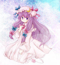 Rule 34 | 1girl, bow, crescent, dress, female focus, full body, gradient background, hair bow, hat, kneeling, long hair, patchouli knowledge, purple eyes, purple hair, ribbon, solo, sumochi, touhou, white background