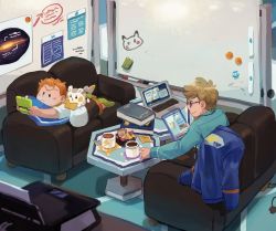 Rule 34 | 2boys, blonde hair, blue jacket, book, book stack, computer, couch, creatures (company), cup, elizabeth (tomas21), game freak, gen 7 pokemon, glasses, handheld game console, highres, jacket, laptop, lying, male focus, molayne (pokemon), mug, multiple boys, nintendo, nintendo 3ds, on stomach, orange hair, pillow, pokemon, pokemon (creature), pokemon sm, reaching, shirt, smile, solid oval eyes, sophocles (pokemon), t-shirt, table, tablet pc, togedemaru, unworn jacket, whiteboard