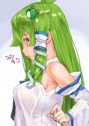 Rule 34 | 1girl, armpits, blue bow, bow, breasts, collared shirt, commentary request, dated, detached sleeves, fingernails, frog hair ornament, from side, green eyes, green hair, hair between eyes, hair ornament, kei jiei, kochiya sanae, large breasts, long hair, looking at viewer, looking to the side, open mouth, profile, shiny skin, shirt, sidelocks, single hair tube, sleeve bow, sleeveless, sleeveless shirt, snake hair ornament, solo, touhou, upper body, white shirt, white sleeves, wide sleeves