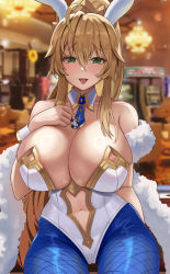 Rule 34 | 1girl, absurdres, ahoge, animal ears, artoria pendragon (all), artoria pendragon (fate), artoria pendragon (swimsuit ruler) (fate), bare shoulders, blonde hair, blue pantyhose, blush, braid, breasts, casino, cleavage, clothing cutout, detached collar, fate/grand order, fate (series), feather boa, french braid, green eyes, hair between eyes, highleg, highleg leotard, highres, large breasts, leotard, long hair, looking at viewer, navel, navel cutout, necktie, onedoo, open mouth, pantyhose, playboy bunny, ponytail, rabbit ears, sidelocks, smile, solo, thighs, tiara, tongue, tongue out, white leotard, wrist cuffs