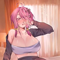 Rule 34 | 1girl, bare shoulders, blush, breasts, cleavage, commentary, english commentary, hair ornament, hair over one eye, highres, long hair, looking at viewer, open mouth, pincboba, pink eyes, pink hair, rubbing eyes, saliva, solo, taoqi (wuthering waves), wuthering waves