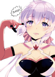 Rule 34 | 1girl, absurdres, ahoge, breasts, cleavage, detached collar, elbow gloves, floating hair, gloves, hair between eyes, heart, heart-shaped pupils, highres, hinaki (yuzumonaka), long hair, looking at viewer, low twintails, medium breasts, pink gloves, purple eyes, senki zesshou symphogear, silver hair, simple background, solo, symbol-shaped pupils, tongue, tongue out, twintails, upper body, white background, yukine chris