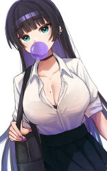 Rule 34 | absurdres, bag, black hair, bocchi the rock!, bra, bra peek, breasts, chewing gum, chin piercing, choker, cleavage, collared shirt, colored inner hair, dress shirt, ear piercing, green eyes, highres, hime cut, holding, holding bag, large breasts, long hair, multicolored hair, pa-san, partially unbuttoned, piercing, purple hair, purple nails, shirt, shoulder bag, solo, underwear, white background, yozakurayuyu