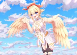 Rule 34 | 1girl, absurdres, bare shoulders, black thighhighs, blonde hair, blue eyes, blush, breasts, center opening, clothing cutout, cloud, cloudy sky, feathers, hair between eyes, hair ribbon, harpy, highres, indie virtual youtuber, leotard, looking at viewer, mavia (vtuber), medium breasts, monster girl, navel, open mouth, pink thighhighs, regiuchi, ribbon, sky, sleeveless, solo, textless version, thighhighs, virtual youtuber, white leotard, white thighhighs, winged arms, wings, yellow feathers, yellow wings