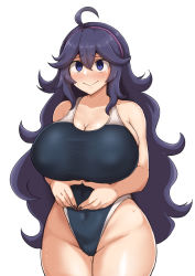 Rule 34 | 1girl, alternate breast size, alternate costume, breasts, competition swimsuit, creatures (company), game freak, hairband, hex maniac (pokemon), highres, large breasts, long hair, messy hair, nail polish, nintendo, nipples, npc trainer, one-piece swimsuit, pokemon, pokemon xy, purple hairband, simple background, solo, swimsuit, very long hair, white background, yamaori