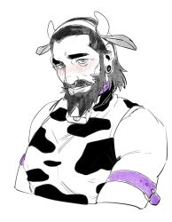 Rule 34 | 1boy, alternate costume, animal ears, animal print, arm belt, bara, beard, bell, blackwall, blush, covered erect nipples, cow boy, cow ears, cow horns, cow print, cowbell, cropped torso, dragon age, dragon age: inquisition, earrings, facial hair, fake animal ears, full beard, greyscale, horns, jewelry, looking at viewer, male focus, mature male, midoo (scarecrow-forest), monochrome, muscular, muscular male, mustache, pectorals, shirt, short hair, sleeveless, sleeveless shirt, solo, spot color, thick beard, thick eyebrows, thick mustache
