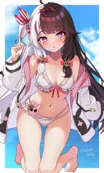 Rule 34 | 1girl, absurdres, ahoge, barefoot, bikini, blush, bow, breasts, cleavage, commentary request, highres, jacket, long hair, looking at viewer, medium breasts, navel, nijisanji, ocean, open mouth, red eyes, ribbon, sky, small breasts, solo, swimsuit, toketa-sekai, twitter username, virtual youtuber, yorumi rena