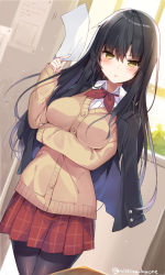 Rule 34 | 1girl, :o, artist name, beige jacket, black hair, black jacket, black pantyhose, blush, bow, bowtie, breast hold, breasts, buttons, door, dutch angle, eyebrows, holding, holding paper, jacket, jacket over shoulder, unworn jacket, long hair, long sleeves, looking at viewer, medium breasts, mishima kurone, open clothes, open jacket, open mouth, pantyhose, paper, plaid, plaid skirt, pleated skirt, red bow, red bowtie, red skirt, skirt, solo, very long hair, window, yellow eyes