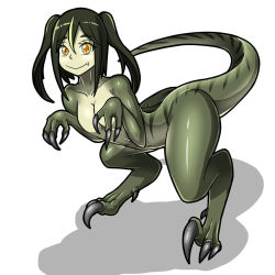 Rule 34 | 1girl, charlie (jurassic park), claws, dinosaur girl, dinosaur tail, dr. bug, fang, flat chest, full body, green hair, jurassic park, jurassic world, monster girl, personification, shadow, simple background, slit pupils, smile, solo, tail, twintails, velociraptor, white background, yellow eyes