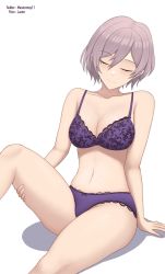 Rule 34 | 1girl, absurdres, arm support, artist name, bow, bow panties, bra, breasts, closed eyes, closed mouth, collarbone, gridman universe, hair between eyes, head tilt, highres, lace, lace-trimmed bra, lace-trimmed panties, lace trim, large breasts, lazier, leg lift, mujina, navel, panties, purple bra, purple hair, purple panties, short hair, simple background, sitting, solo, ssss.dynazenon, stomach, thighs, twitter username, underwear, underwear only, white background