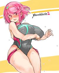 Rule 34 | 1girl, blush, breast hold, breasts, competition swimsuit, large breasts, nintendo, one-piece swimsuit, open mouth, pyra (pro swimmer) (xenoblade), pyra (xenoblade), red eyes, red hair, sachito, short hair, solo, sweat, swimsuit, xenoblade chronicles (series), xenoblade chronicles 2