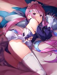Rule 34 | 1girl, adapted costume, ahoge, ass, azur lane, bare shoulders, blue hair, braid, breasts, colored inner hair, commentary request, detached sleeves, gloves, hololive, long hair, long sleeves, looking at viewer, lying, minato aqua, multicolored hair, on side, one-piece swimsuit, parted lips, pillow, purple eyes, purple hair, purple one-piece swimsuit, shimo (shimo332215), sidelocks, small breasts, solo, swimsuit, thighhighs, twintails, two-tone hair, very long hair, virtual youtuber, white gloves, white thighhighs