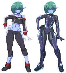 Rule 34 | 1boy, abs, bare shoulders, blue skin, bodysuit, choker, clothing cutout, collarbone, colored skin, crop top, full body, gloves, green hair, hair over eyes, hand on own hip, highres, male focus, midriff, mimizu (tokagex), navel, original, pants, pointy ears, short hair, smile, solo, standing, stomach, tagme, thigh cutout, trap, white gloves, yoga pants