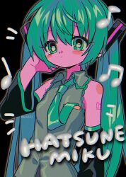 Rule 34 | 1girl, black background, blush stickers, breast pocket, character name, closed mouth, commentary, detached sleeves, eyelashes, frilled shirt collar, frills, green eyes, green hair, grey shirt, hatsune miku, highres, looking at viewer, menma (enaic31), musical note, necktie in pocket, pocket, shirt, shoulder tattoo, simple background, solo, tattoo, twintails, upper body, vocaloid