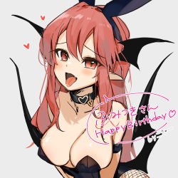 Rule 34 | 1girl, alternate costume, animal ears, arm strap, bare shoulders, black collar, blush, breasts, cleavage, collar, commentary, demon wings, fake animal ears, fang, fishnet legwear, fishnets, furrowed brow, gotou (nekocat), grey background, hair between eyes, hairband, happy birthday, head wings, heart, koakuma, leotard, long hair, looking at viewer, medium breasts, open mouth, playboy bunny, pointy ears, rabbit ears, red eyes, red hair, simple background, smile, solo, speech bubble, tongue, tongue out, touhou, translated, upper body, wings