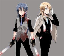Rule 34 | 10s, 2girls, ayase eli, blonde hair, blood, blood on face, blood on clothes, blue eyes, blue hair, brown eyes, business suit, clipe, coat, double-breasted, dual wielding, formal, gloves, hand in pocket, holding, jacket, jacket on shoulders, love live!, love live! school idol project, multiple girls, necktie, sonoda umi, suit, sword, vest, weapon